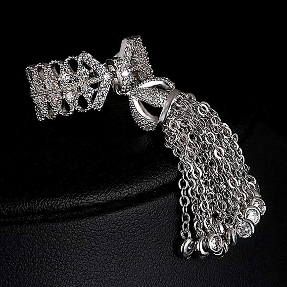 NEW WHITE GOLD PLATED CROWN TASSEL ADJUSTABLE RESIZABLE STATEMENT RING